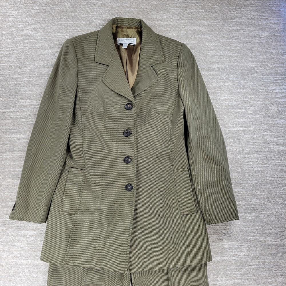 The Works Saks Fifth Avenue Womens Pant Suit 8 Olive Wool Blend Blazer Italy